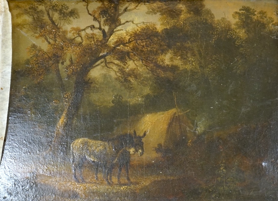 19th century, English School, oil on board, Pastoral landscape with donkeys, 20 x 28cm, maple framed